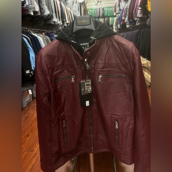 Men’s burgundy and Black PU Leather Casual Jacket with removable Hoodie - Picture 2 of 5